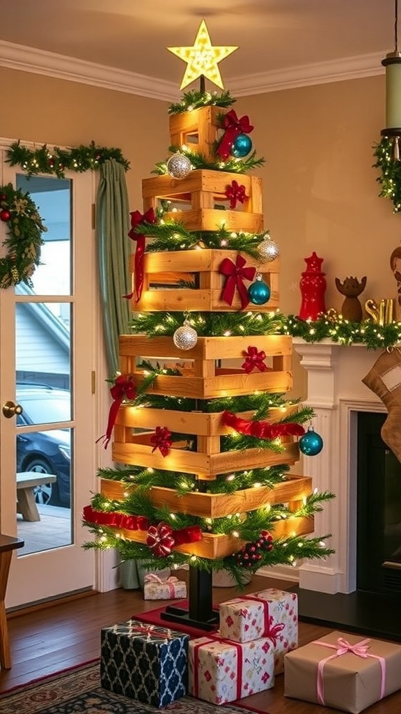 Creative Alternative Christmas Tree Ideas An alternative Christmas tree made from wooden pallets, decorated with lights and ornaments in a festive living room.